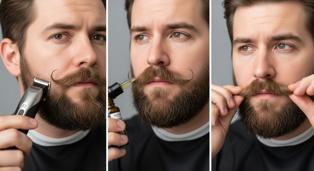 Man grooming Van Dyke beard by trimming edges, moisturizing, and styling mustach