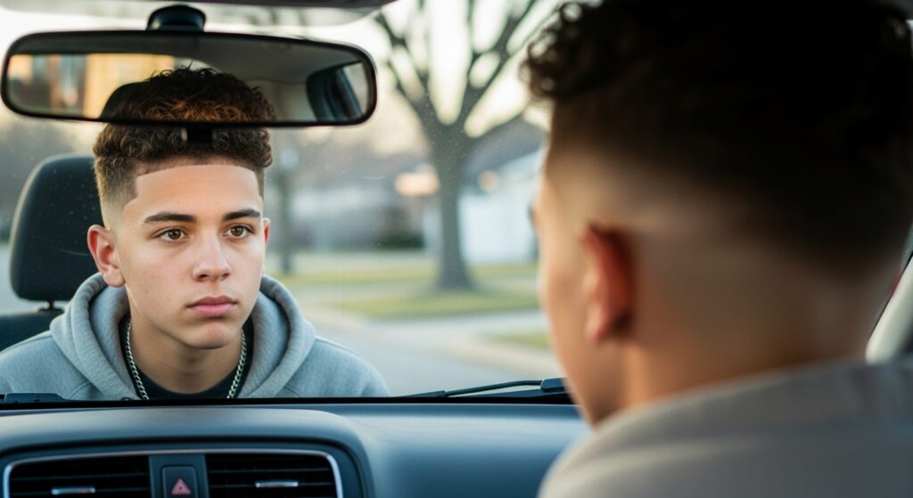 "Boy checking fresh fade haircut in rear-view mirror"