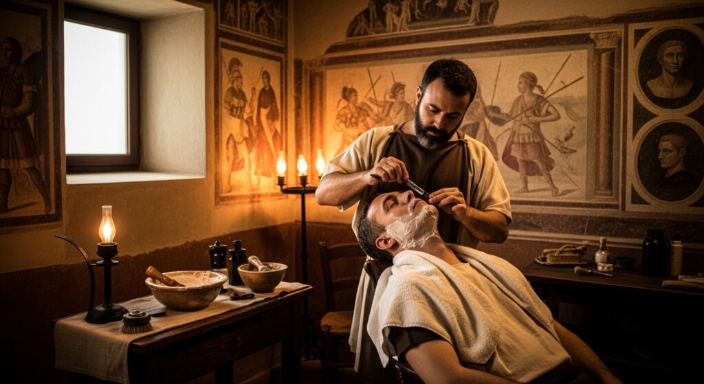 man getting a shave with Roman-themed straight blade razor