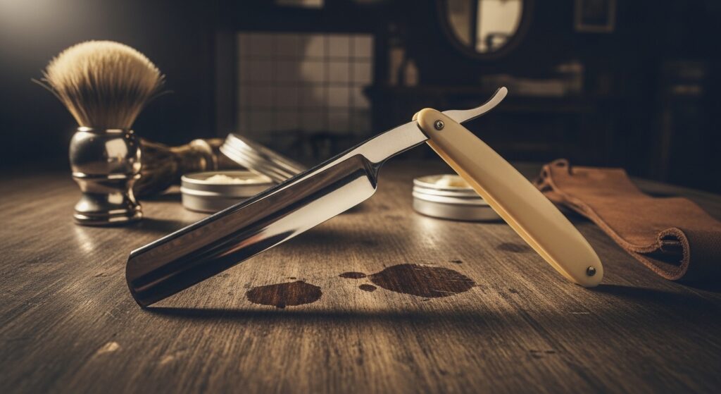  old-fashioned straight edge razor on wooden surface