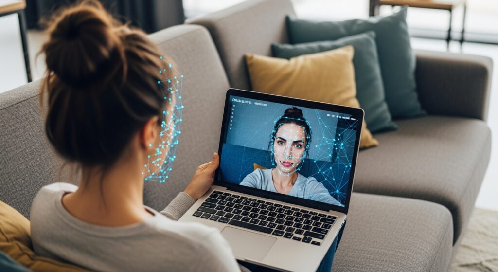 "woman checking her face shape with AI tool at home")