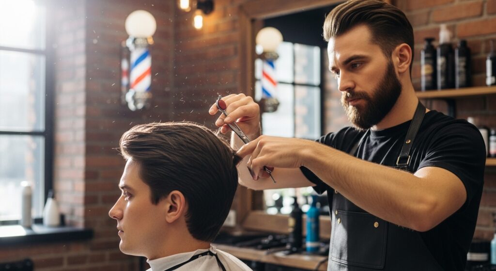  Barber performing a cut on men's medium layered hairstyle
