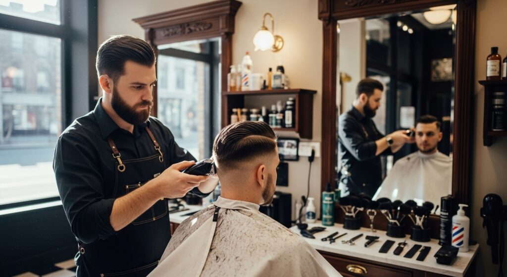 Barber cutting a vintage-inspired hairstyle with a neat part.