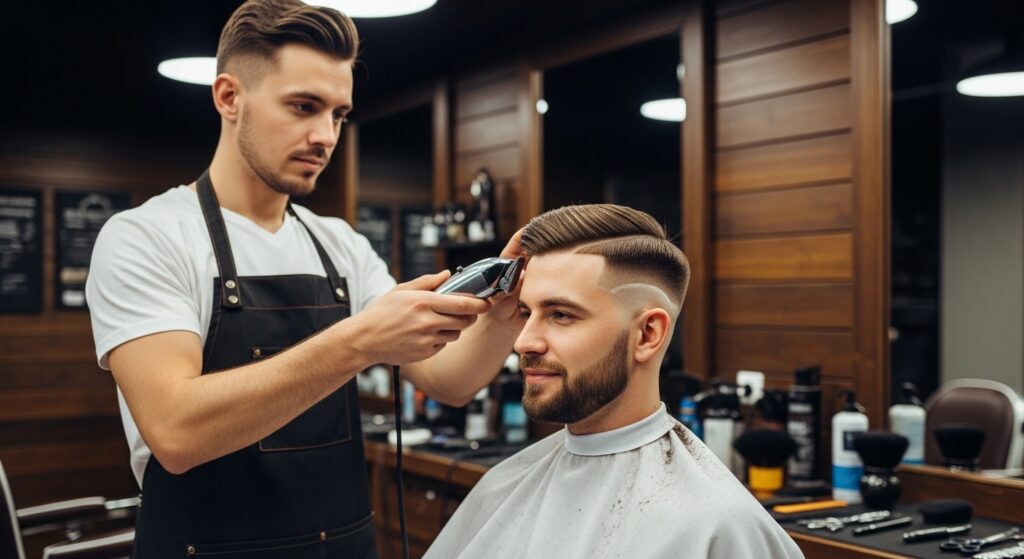 Barber creating a precise line up haircut on a client.