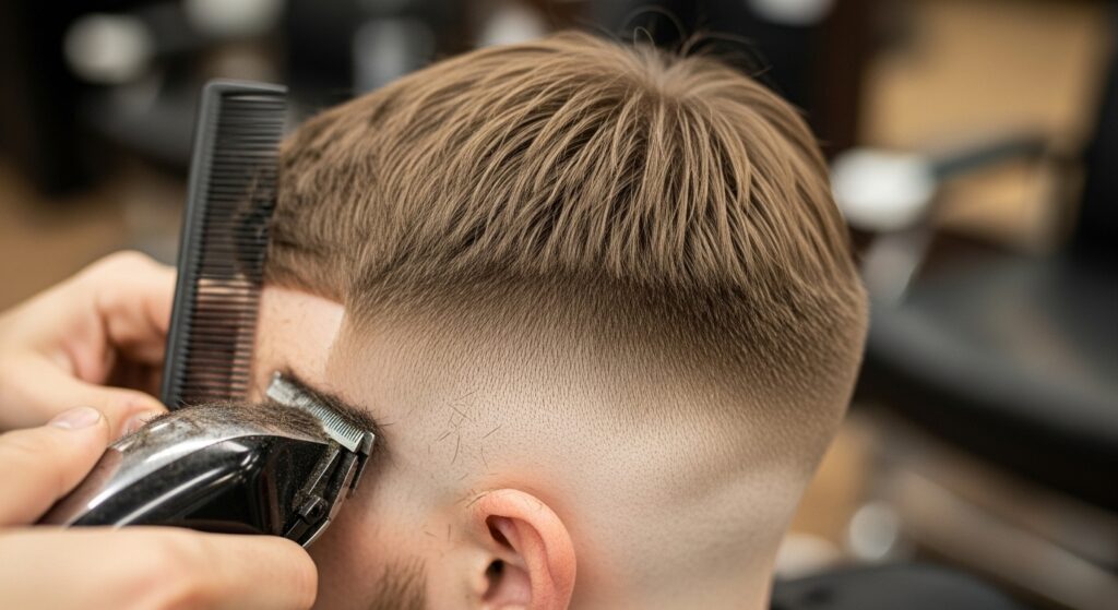 Medium fade haircut blend transition on sides.