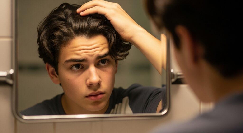 A close shot of a teenage boy fixing his hair in the mirror.
