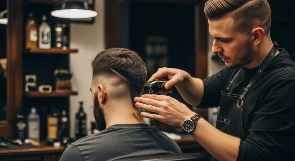 "Barber cutting a faux hawk that is going to have a fade with a taper on the back of the head."