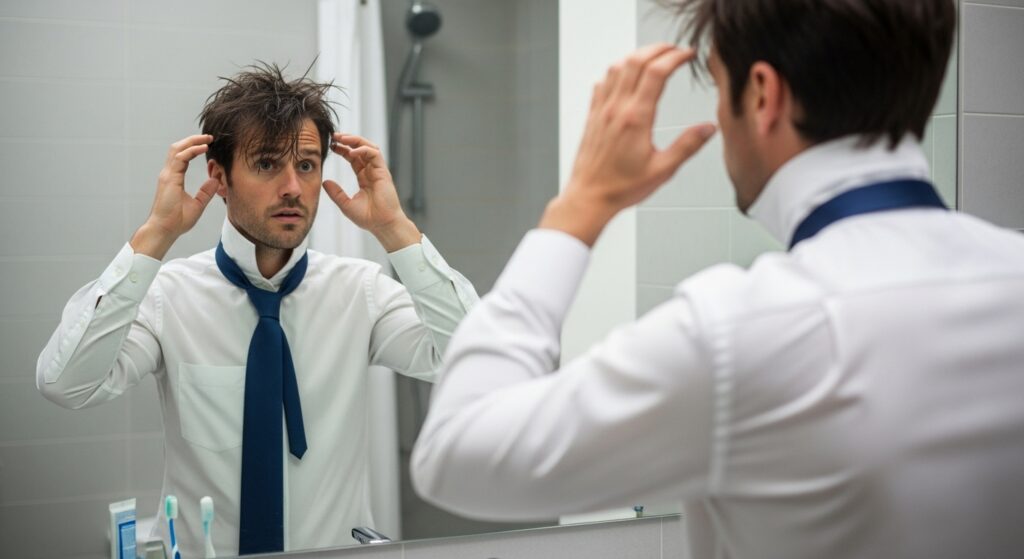 business professional checking messy hair before work