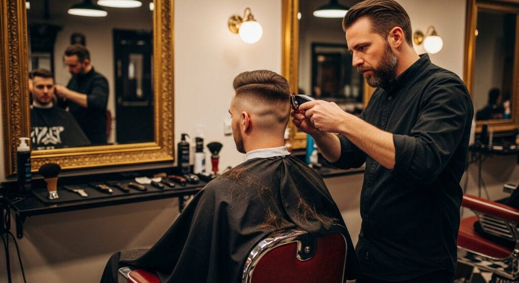 The barber is working on a clean flat top haircut.