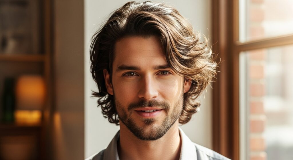 Styled textured medium hair for men in a casual setting