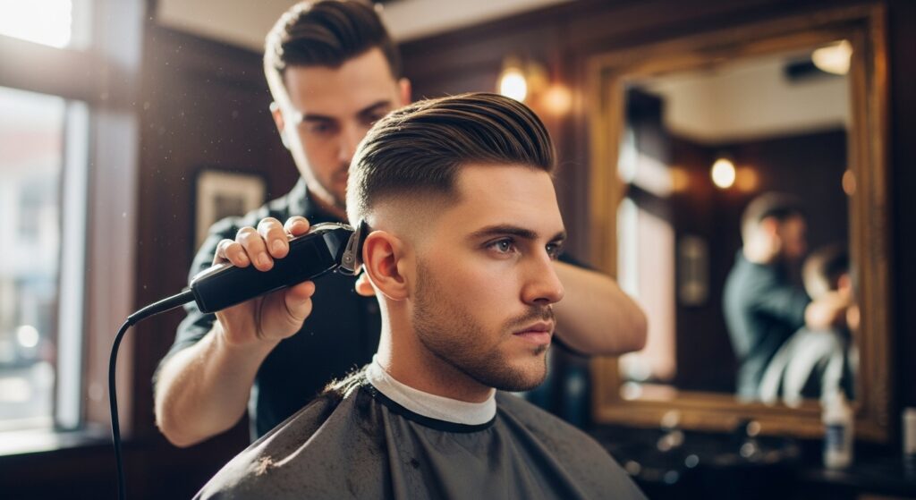 Image idea: A man sitting in a barber chair, clippers buzzing the side while longer hair falls across the top.

Alt tag: Barber shaping a side swept undercut on a man.