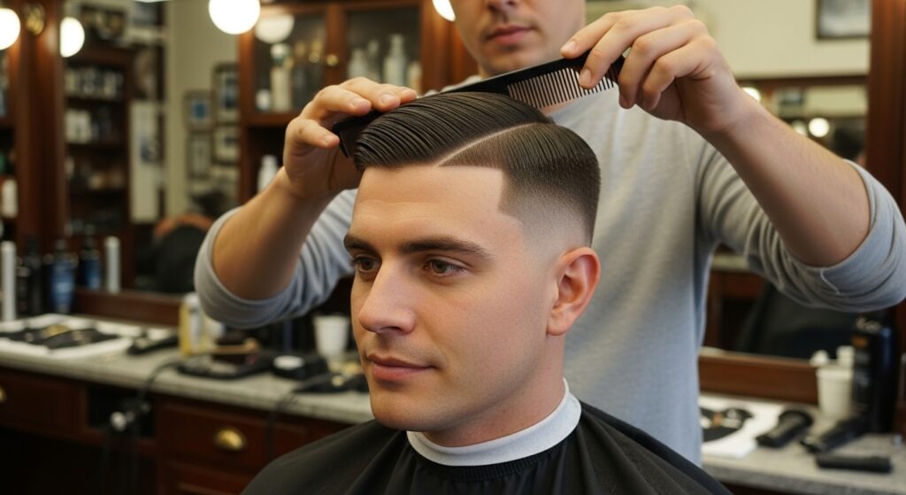A barber grooming client's hair to achieve a middle part haircut.