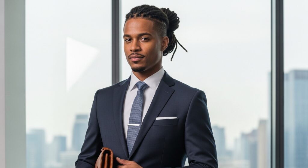 Office-ready man with dreadlocks dressed in a business suit.