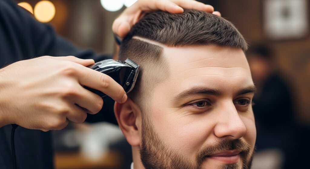 A line up haircut is providing a round face shape with new features.