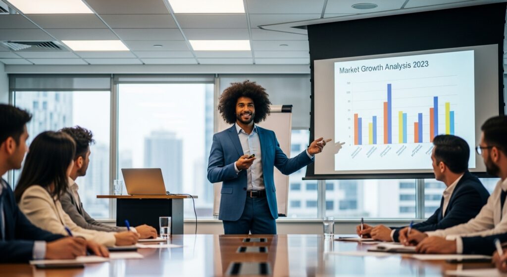 Professional man with afro hairstyle speaking in office.