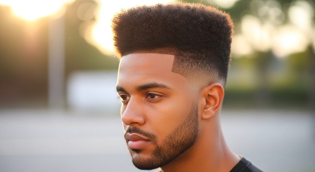 Curly flat top haircut with natural texture.