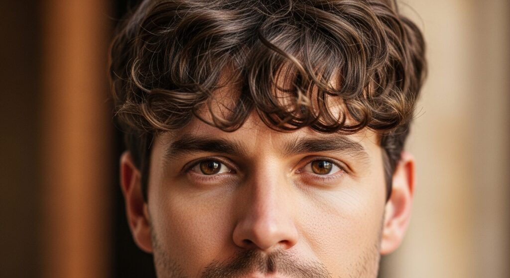 Curly fringe perm haircut with faded sides
