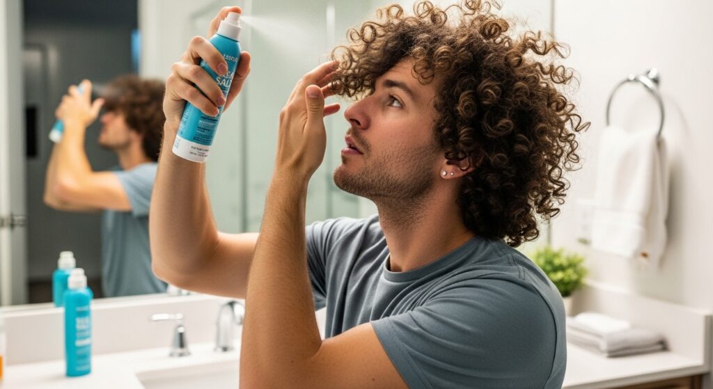Image concept: A man with curly hair putting sea salt spray on his hair.
Alt description: A man with curly hair is using sea salt spray to style his wolf cut.