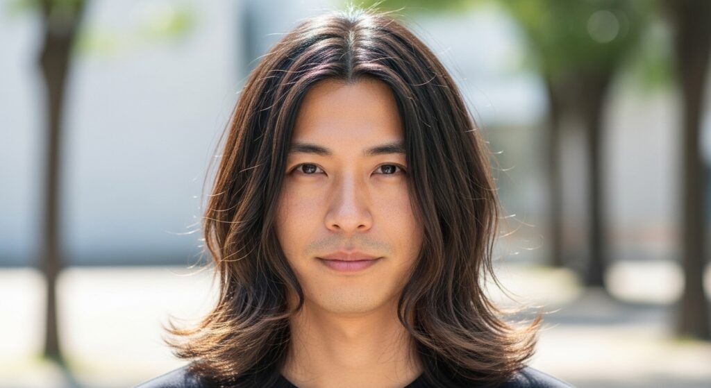 70s long straight hairstyle with middle part