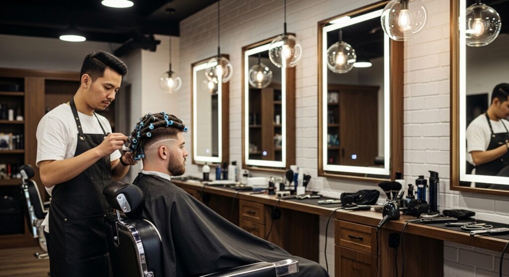 “Man receiving a soft textured perm haircut at a salon