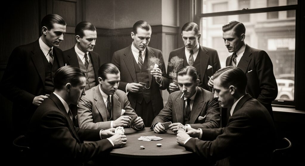 1930s men with slick parted hair similar to Hitler’s haircut.