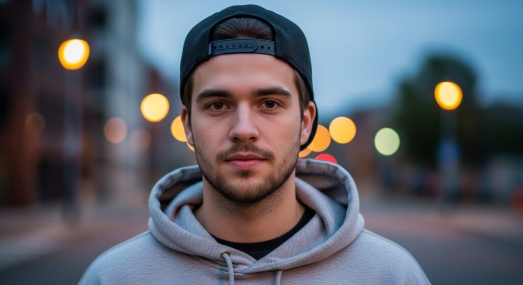 Middle part hairstyle with a casual cap.