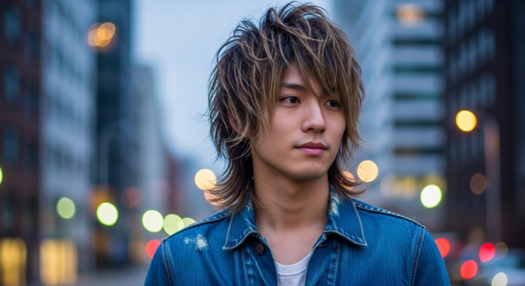 Image idea: Asian man with wolf cut panjang hair, denim jacket. Alt tag: Long wolf cut hairstyle for Asian men.