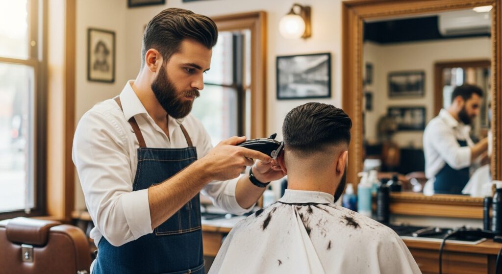 barber trimming men’s sides for brush up hairstyle