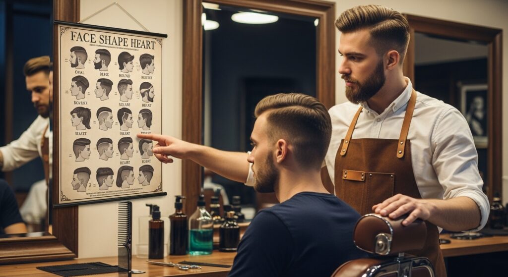 Barber advising fade haircut based on face shape.