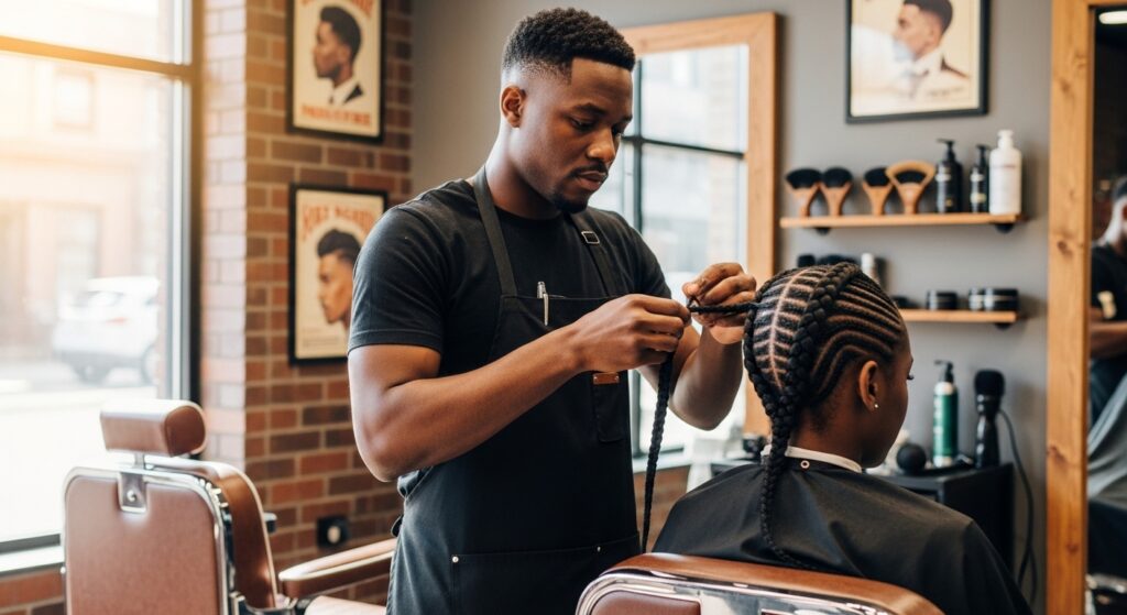 Modern barber styling Viking braid haircut