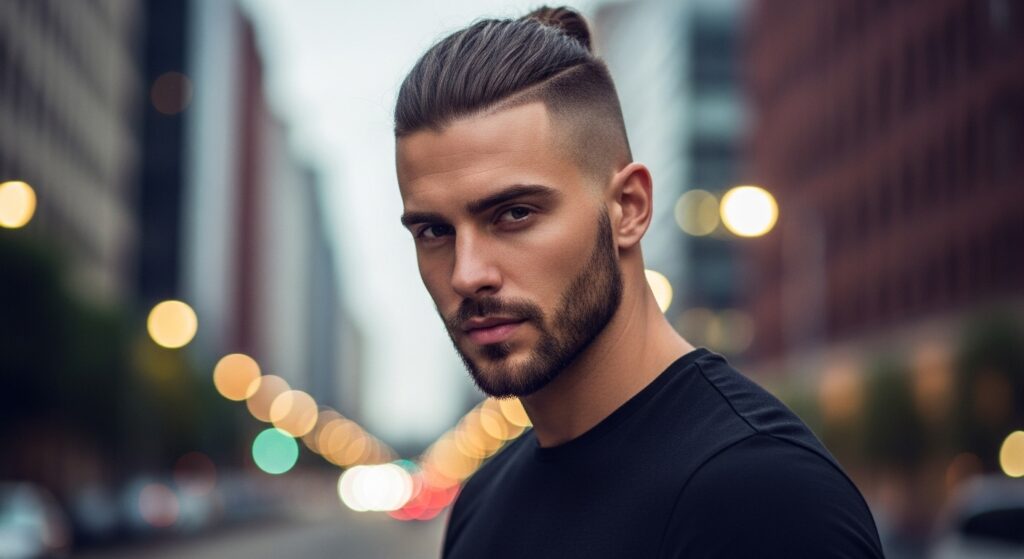 Clean Viking-inspired hair with neat side shave.