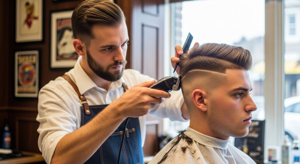 High and tight fade haircut at barber shop")