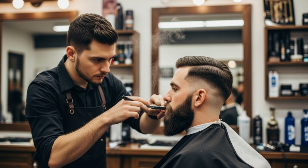 Beard being shaped to match a sharp line up.