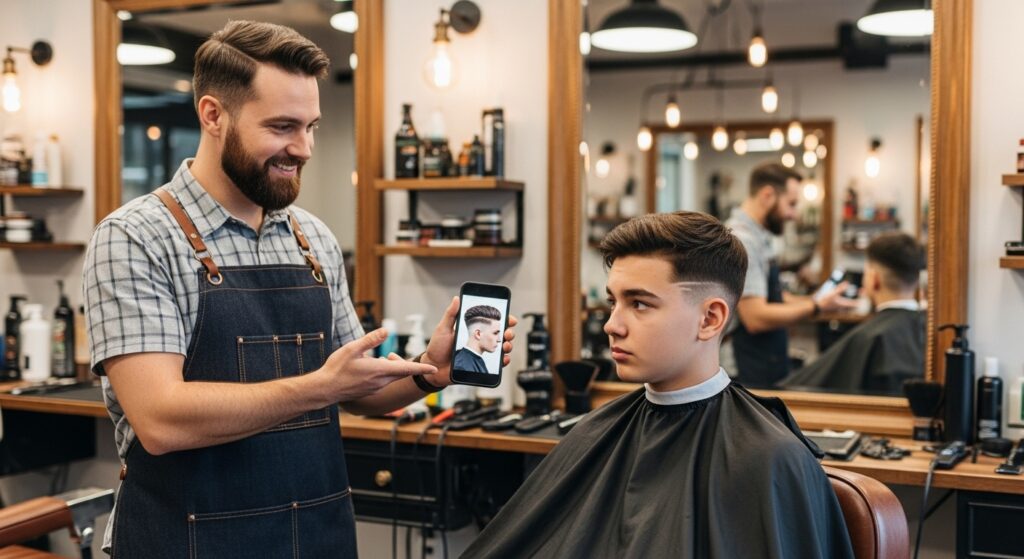 Barber and teen discussing trendy haircut 2025 options.