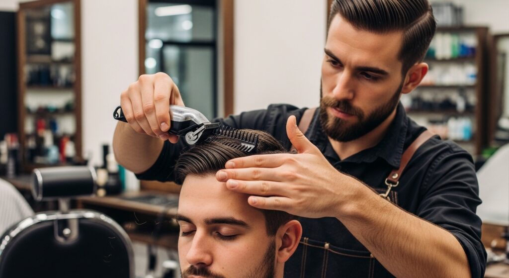  Barber trimming and maintaining flat top haircut.