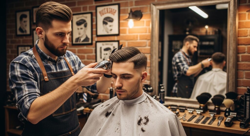 barber giving a man a clean fade haircut with clippers