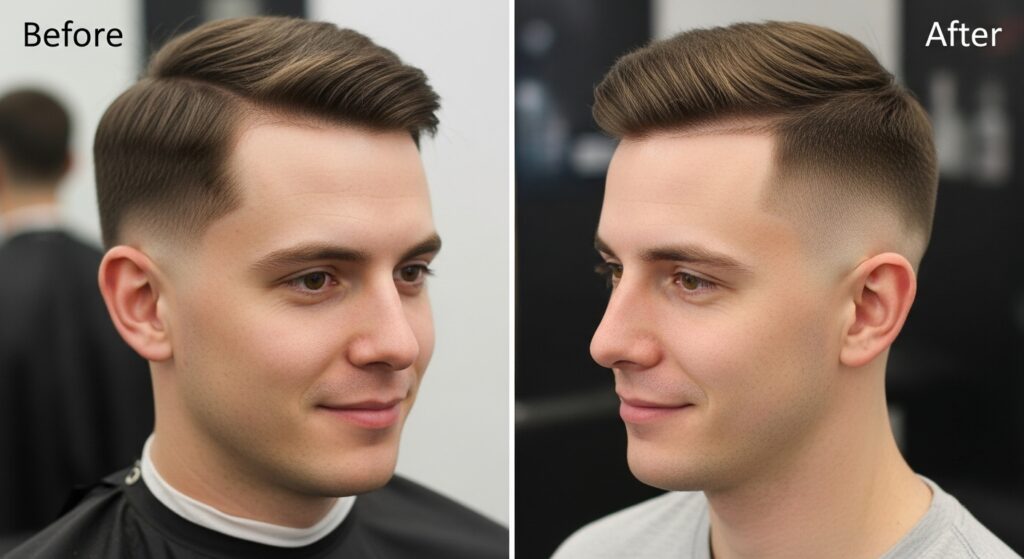  comparison of man’s hairstyle before and after a fade haircut