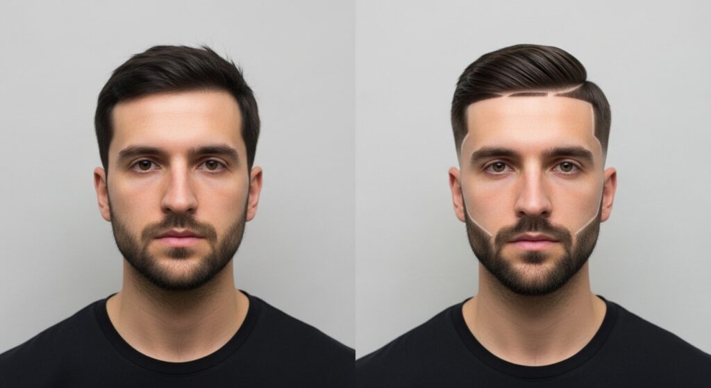 Comparison of hair before and after a line up haircut.