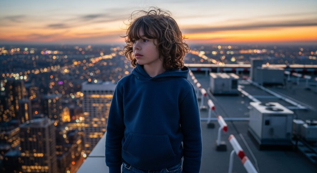 Consider the image: Boy with the long loose curls wearing the wolf cut bangs, he is at the top of the building.
Alt tag: Curly wolf cut hairstyle with bangs, laid-back city scenery.