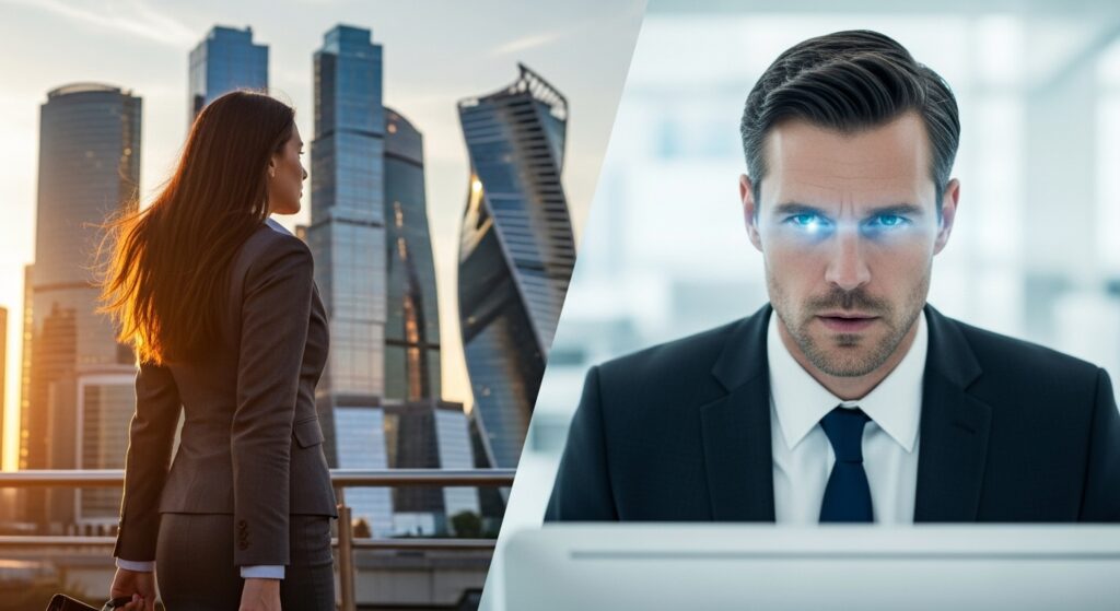 Male office workers with different hair lengths and dressed professionally.