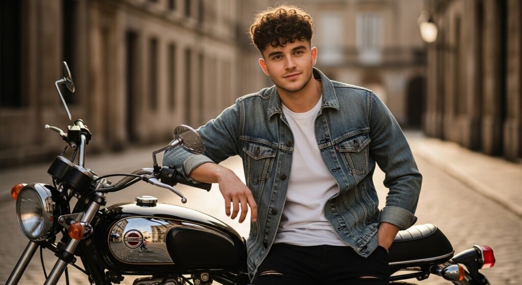 Image idea: Guy with short wolf cut curly hair leaning on motorbike. Alt tag: Wolf cut curly short hairstyle for men.