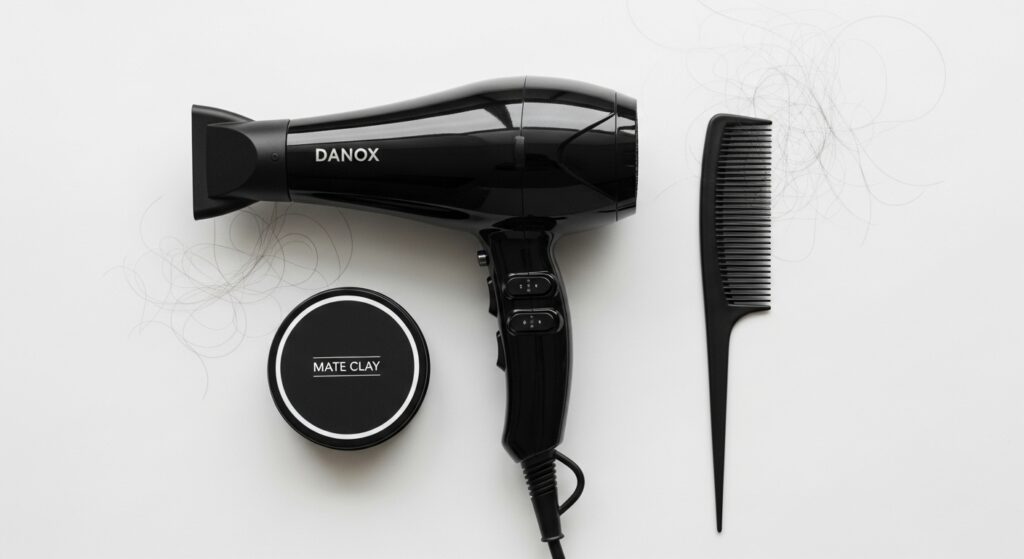 Hair styling equipment for men displayed on a bathroom counter