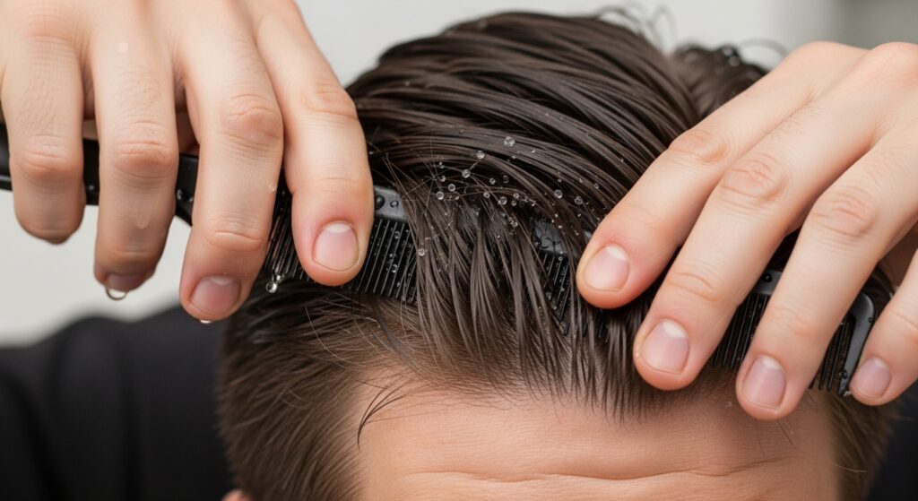Man styling side swept undercut with comb and hair product.