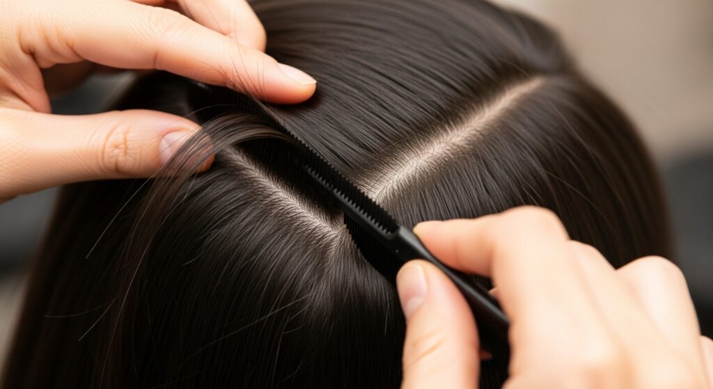 Haircut middle part styling with comb