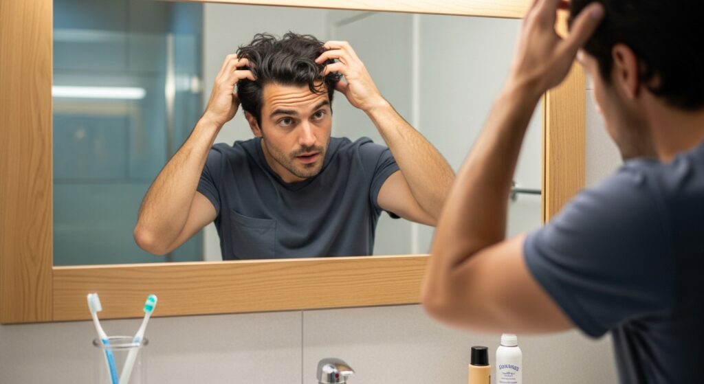 man styling brush up hairstyle with hands in mirror