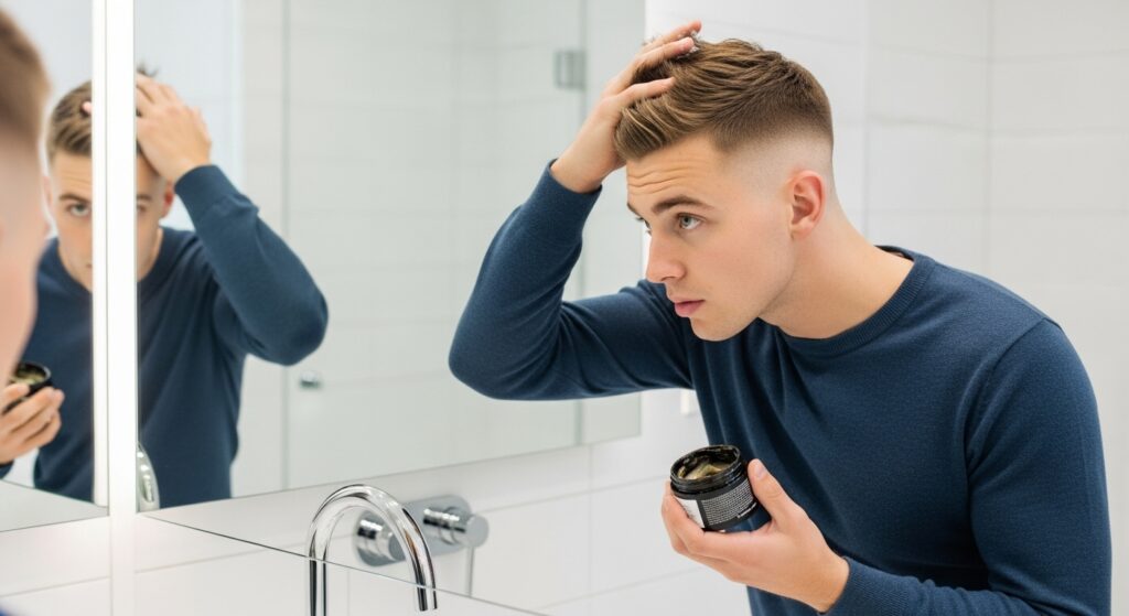man applying hair product to style top hair with fade haircut