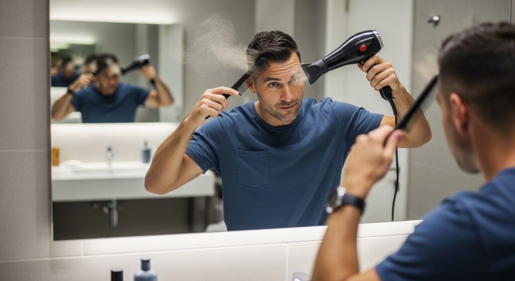 Blow drying hair of man upwards for brush up style