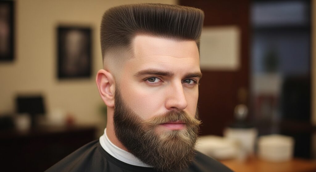 Flat top haircut paired with thick beard.