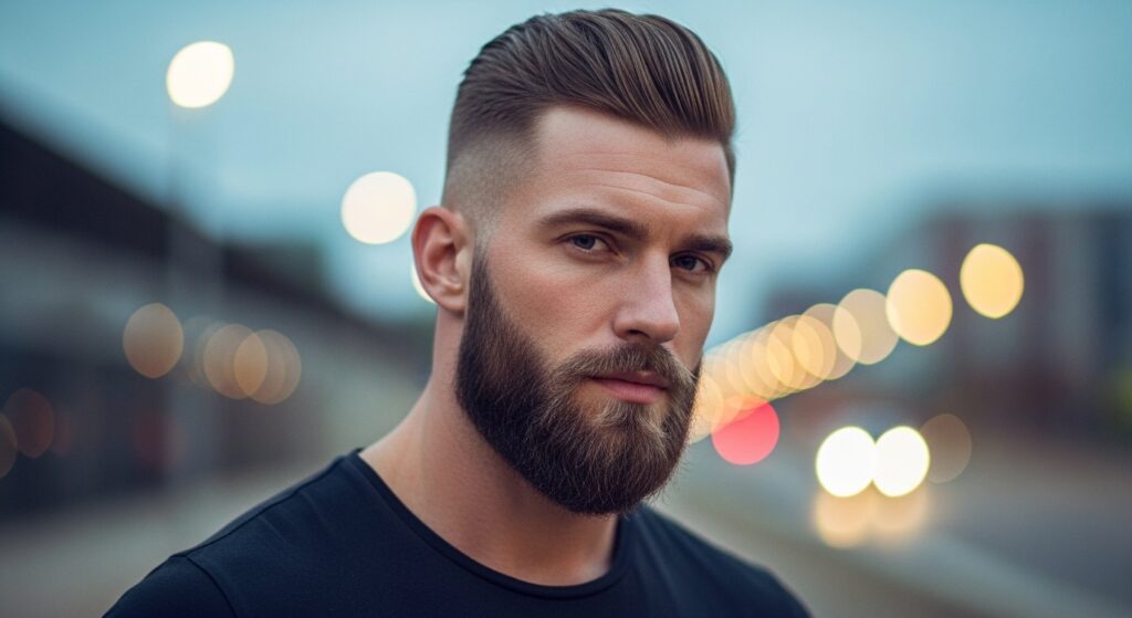 Modern high and tight haircut with beard")