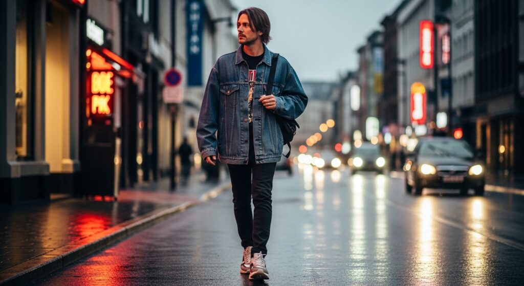 Street style with long hair and middle part.